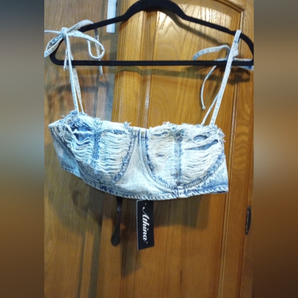 Athina Denim Distressed Bralett Size Large NWT
